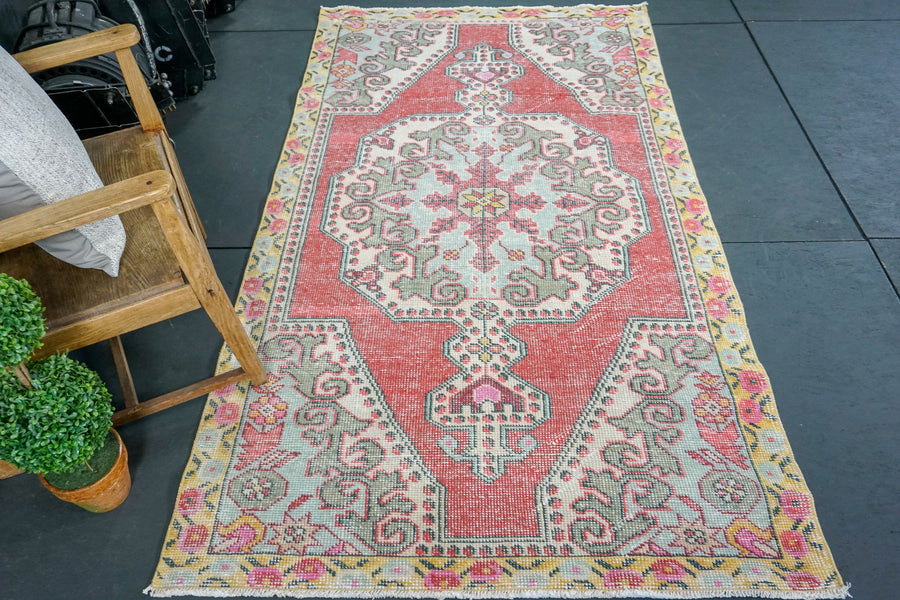 4'1 x 7'5  Oushak Rug Pale Red, Yellow & Green