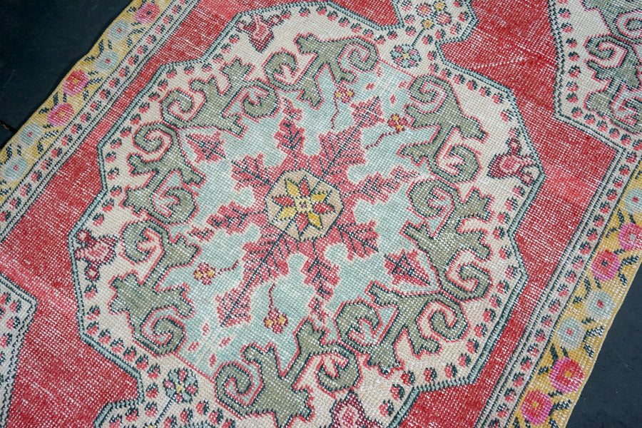 4'1 x 7'5  Oushak Rug Pale Red, Yellow & Green