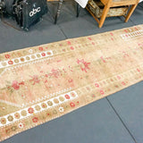 2'8 x 11'5 Vintage Turkish Runner Camel, Olive ,White and Pink