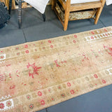 2'8 x 11'5 Vintage Turkish Runner Camel, Olive ,White and Pink