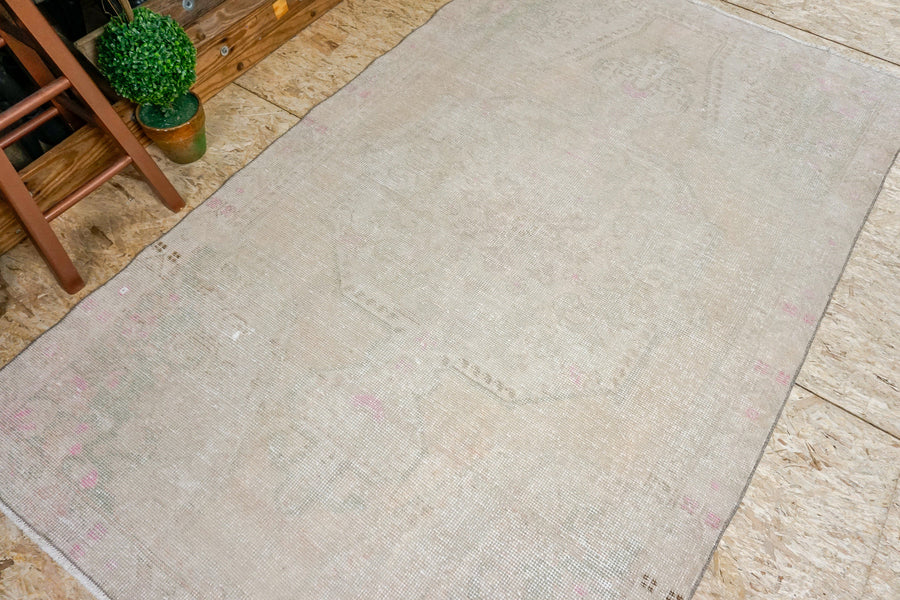 4 x 7 Turkish Oushak Rug Faded Muted Cool Beige, Blush, Green and Pink