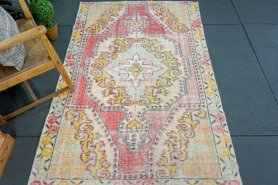 4'2 x 6'8 Oushak Rug Pink, Baby Pink, Seafoam & Yellow