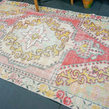 4'2 x 6'8 Oushak Rug Pink, Baby Pink, Seafoam & Yellow