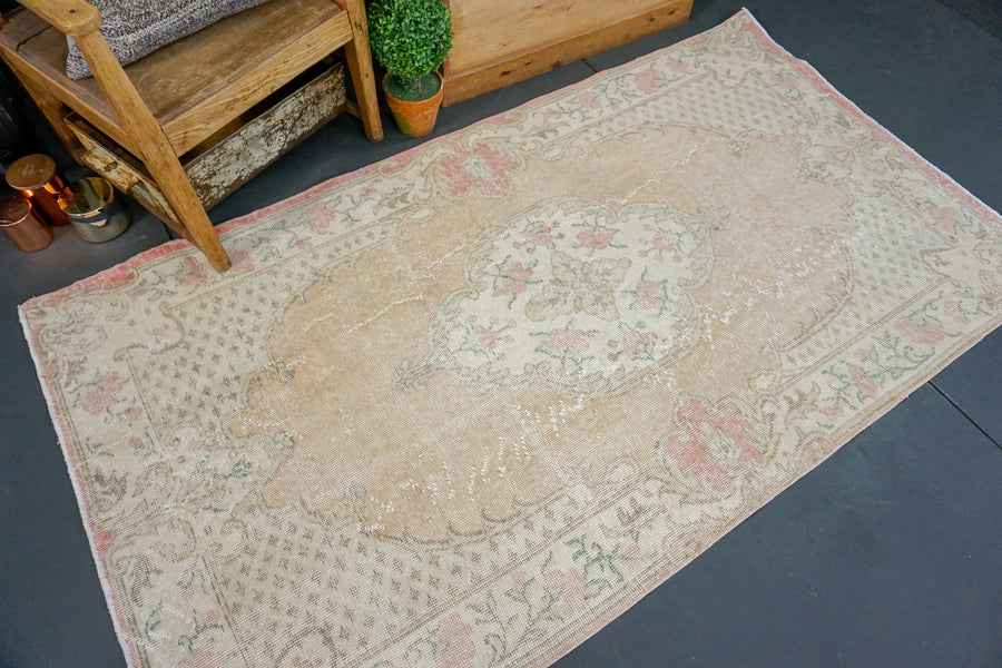 4 X 7 Oushak Rug Faded Blush Green & Pink + Roses
