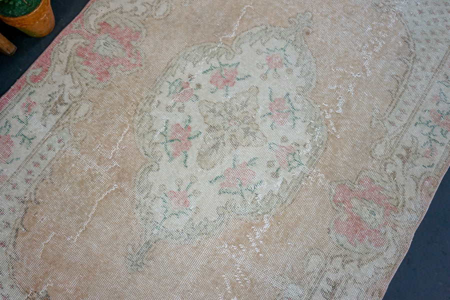 4 X 7 Oushak Rug Faded Blush Green & Pink + Roses