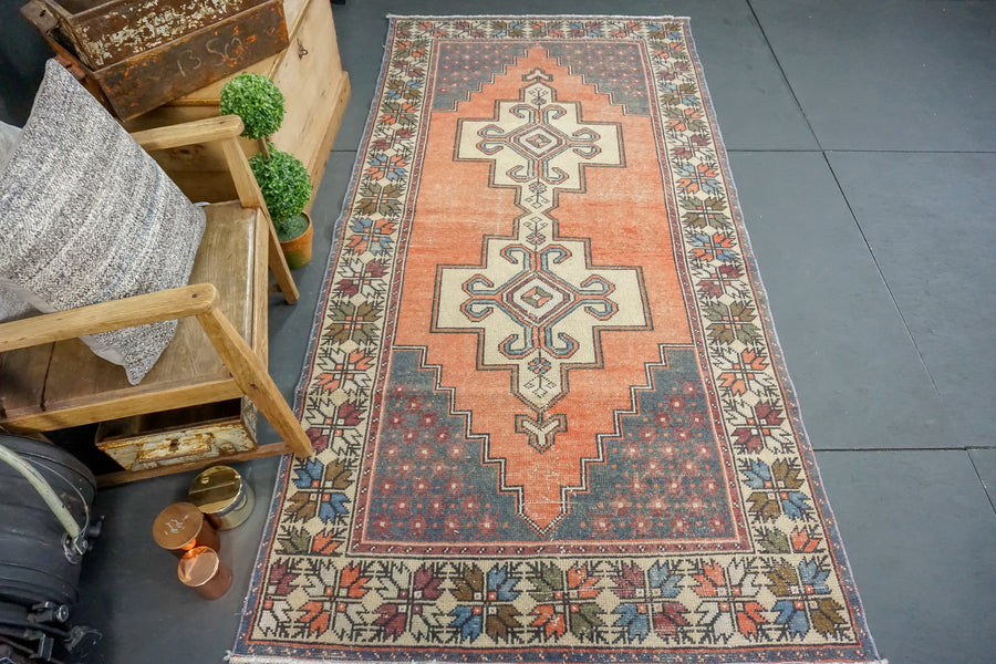 4'4 x 9' Oushak Rug Faded Red, Blue and Cream