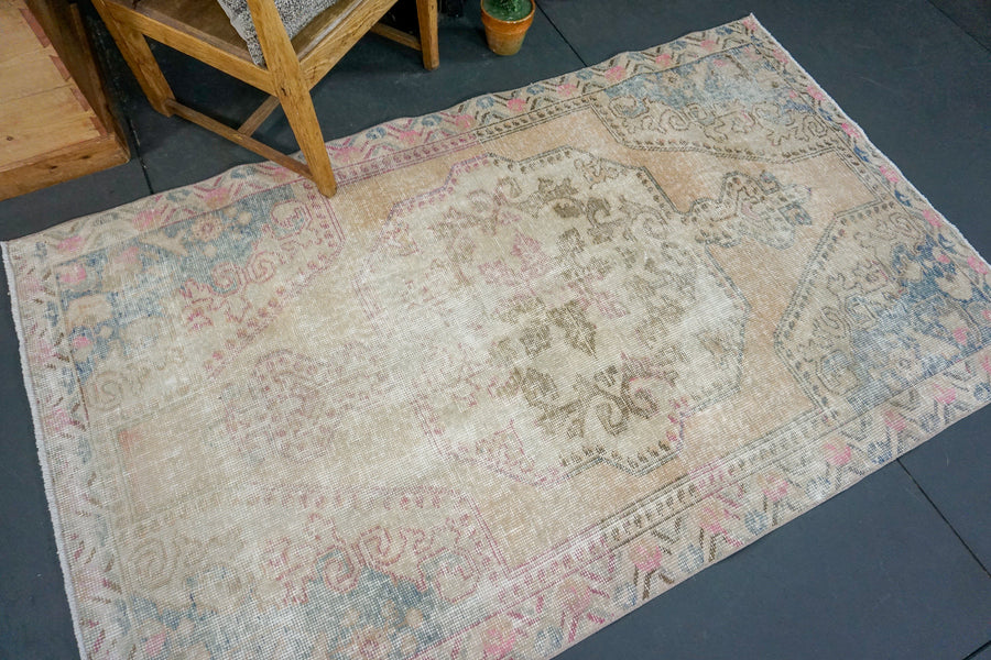 4'3 x 7'2 Oushak Rug Faded Cream, Sand, Baby Pink & Blue