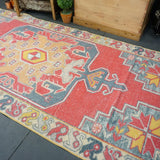 4'3 x 9'4 Oushak Wide Runner Rug Muted Red, Gray, Apricot, Mustard and Cream Carpet