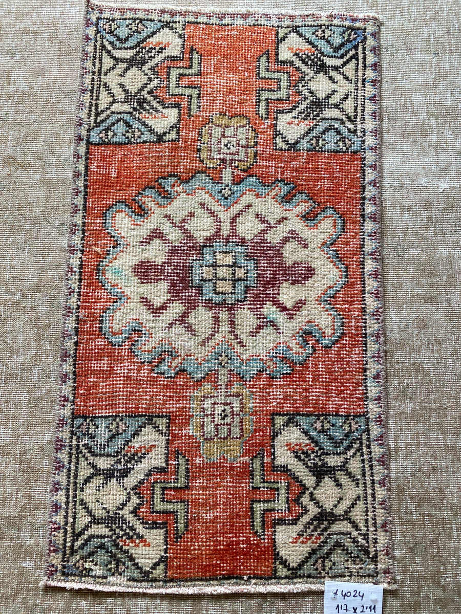 1’7 x 2’11 Vintage Turkish Oushak Mat Rug Muted Rust, Blue, Beige + Wine SB