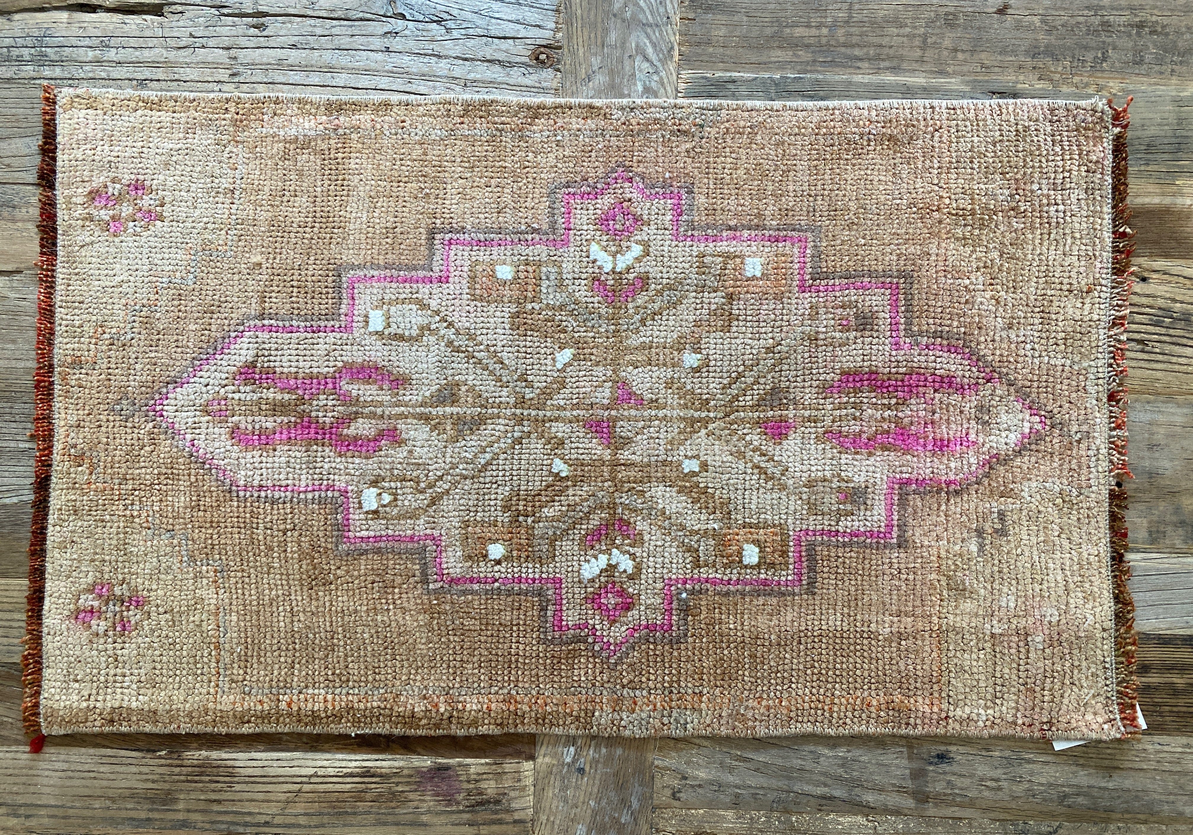 1’4 x 2’7 Antique Kars Rug Muted Camel Brown, Taupe,  Pink + White '4813 Linda's Barn