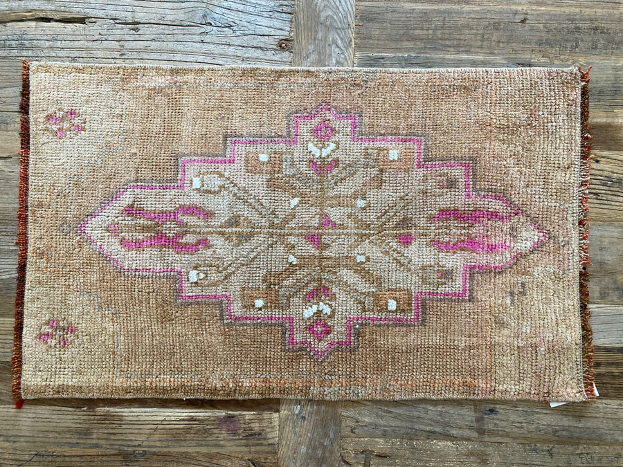 1’4 x 2’7 Antique Kars Rug Muted Camel Brown, Taupe,  Pink + White