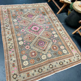 4’5 x 6’3 Classic Vintage Rug Muted Gray, Camel, Pink & Burnt Orange '5033