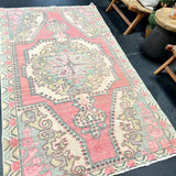 4’7 x 7’7 Vintage Turkish Oushak Carpet Muted Pink & Blue