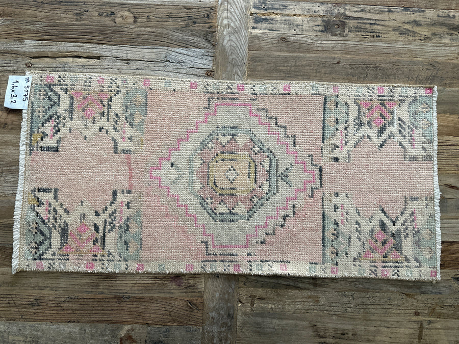 1’6 x 3’2 Vintage Turkish Oushak Rug Muted Pink, Gray & Charcoal