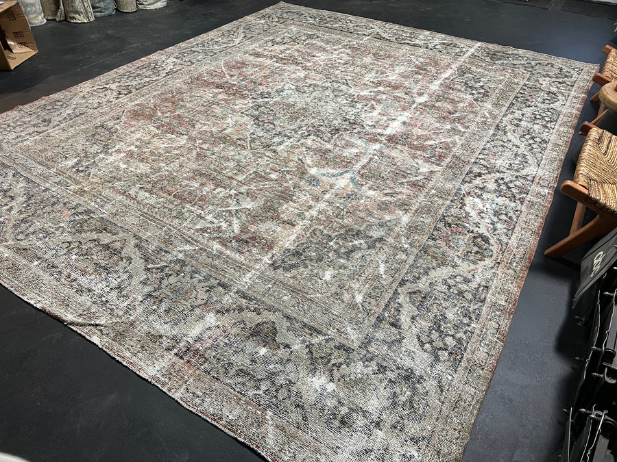 10’8 x 13’7 Classic Antique Rug Muted Black, Gray + Red