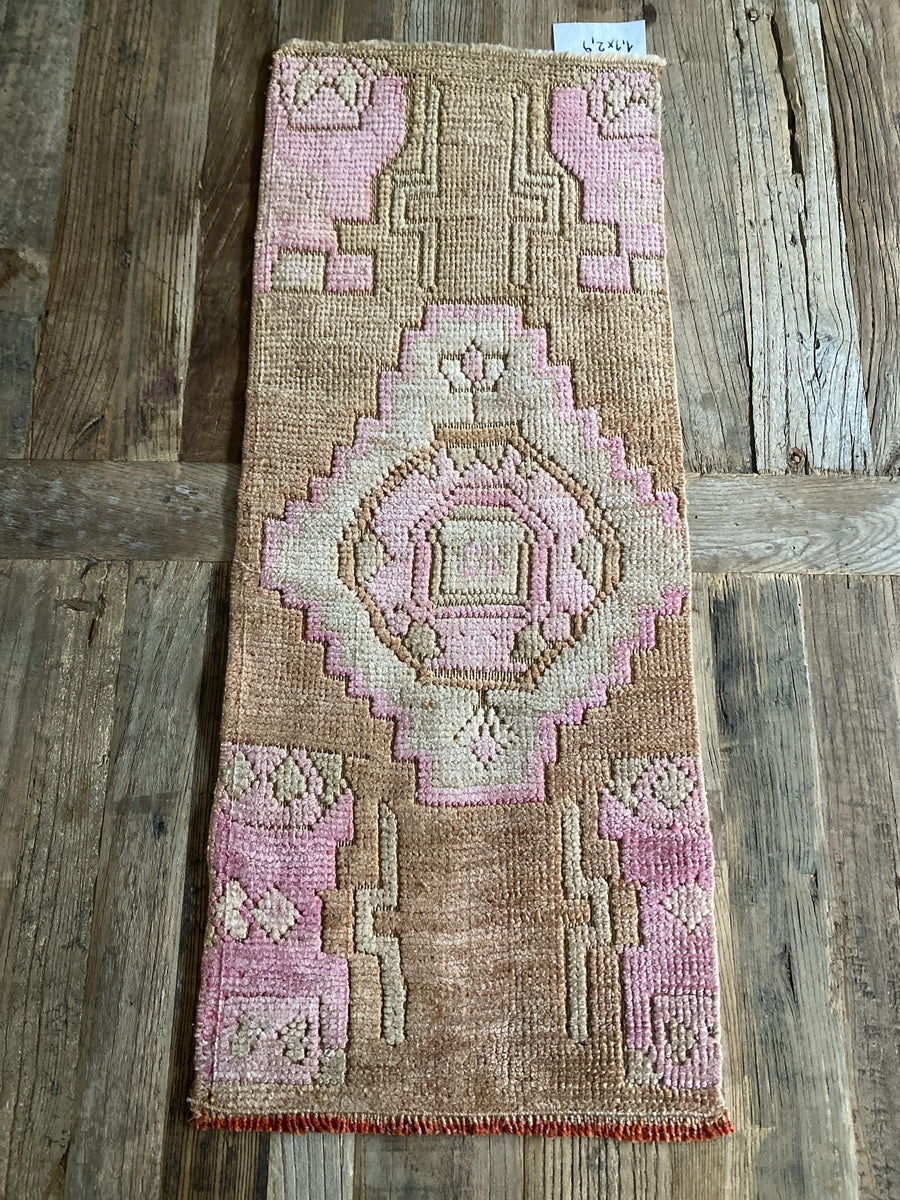 1’1 x 2’9 Antique Kars Rug Fragment Muted Camel Brown & Pink