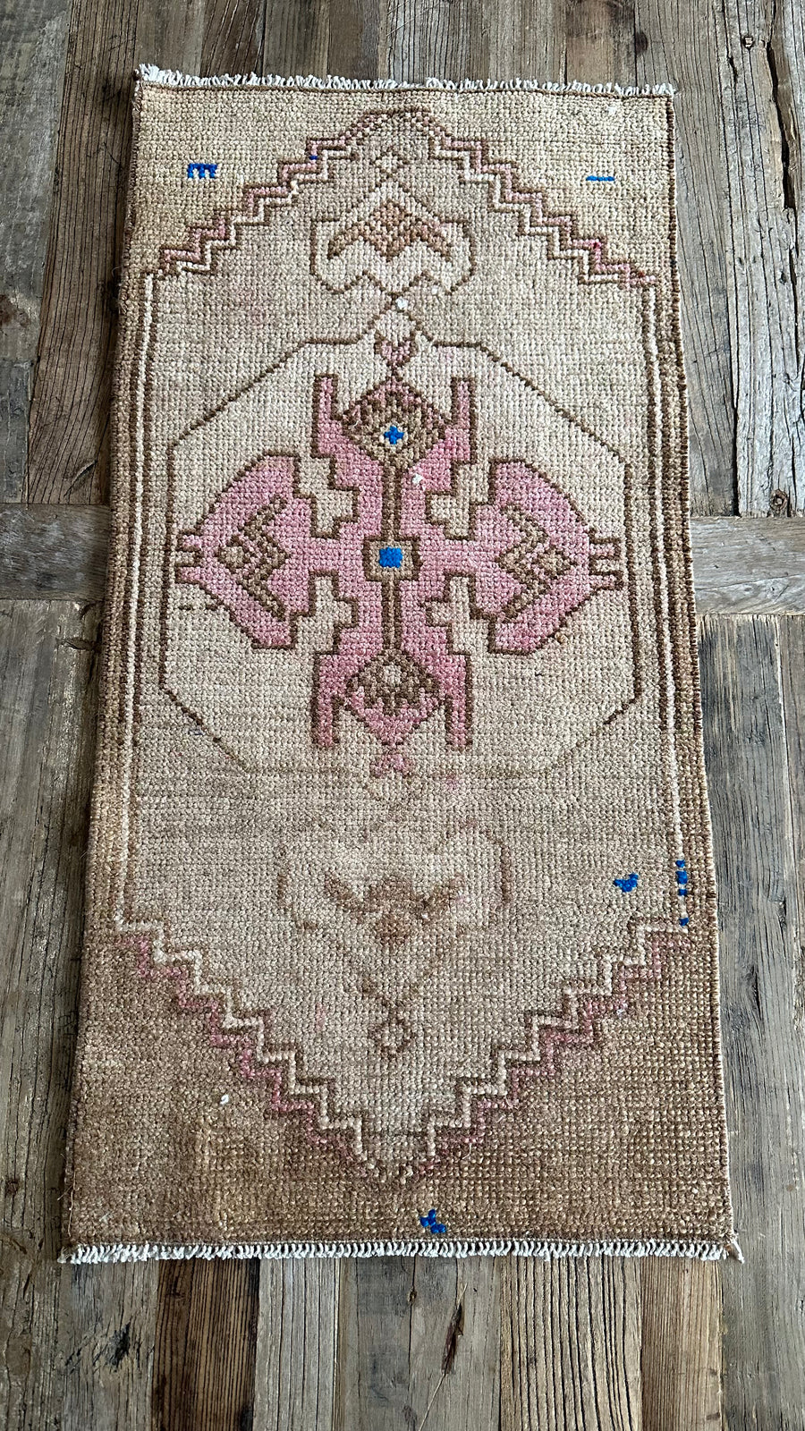 1’6 x 3’ Antique Turkish Kars Rug Muted Camel Beige, Cerulean Blue & Wine