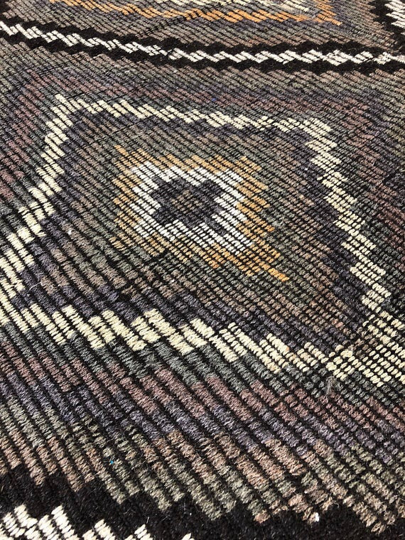 7 x 10 Large Bohemian Kilim Rug Muted Deep Plum, Gray & Black