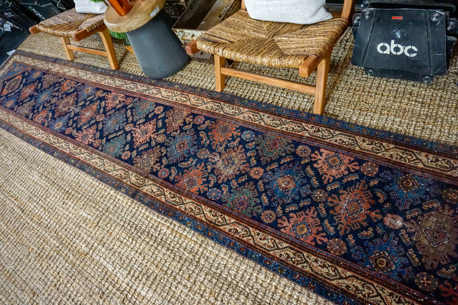 2’6 x 16’7 Classic Vintage Hamadan Runner Jewel Tones Rich Dark Blue, Navy and Rose