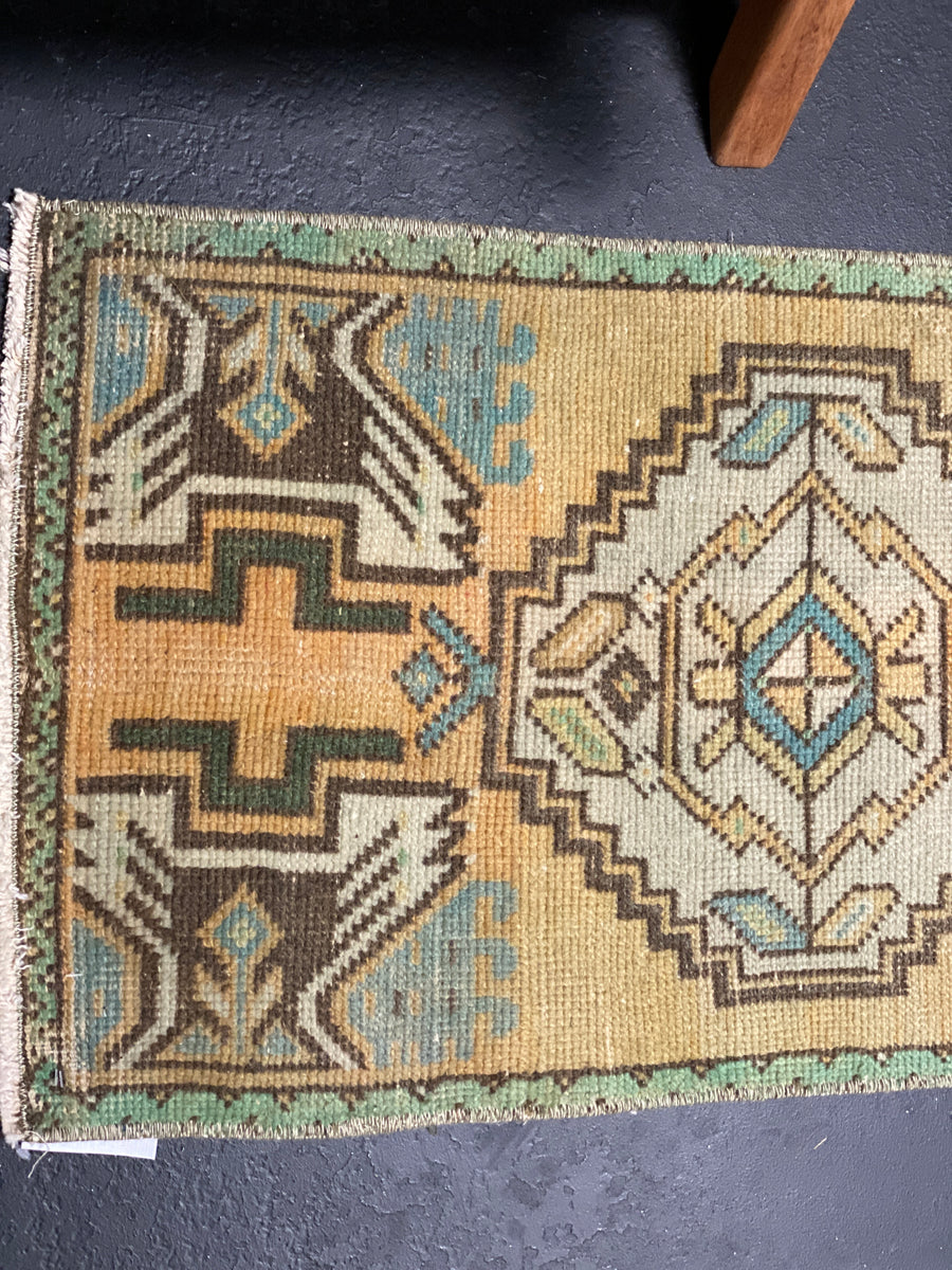 19” x 37” Vintage Turkish Mat Rug Muted Copper, Mint, Teal and Gray SB