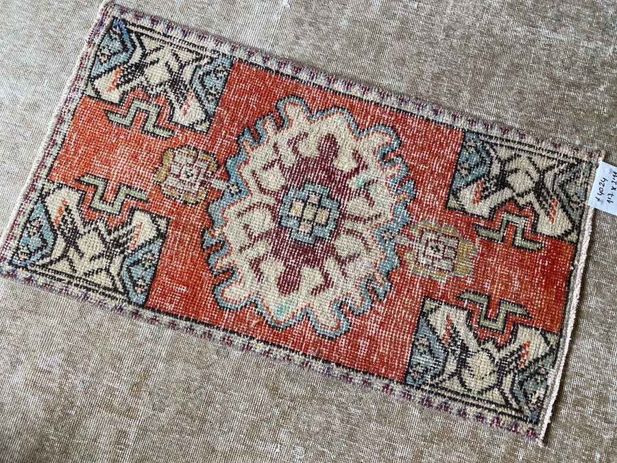 1’7 x 2’11 Vintage Turkish Oushak Mat Rug Muted Rust, Blue, Beige + Wine SB