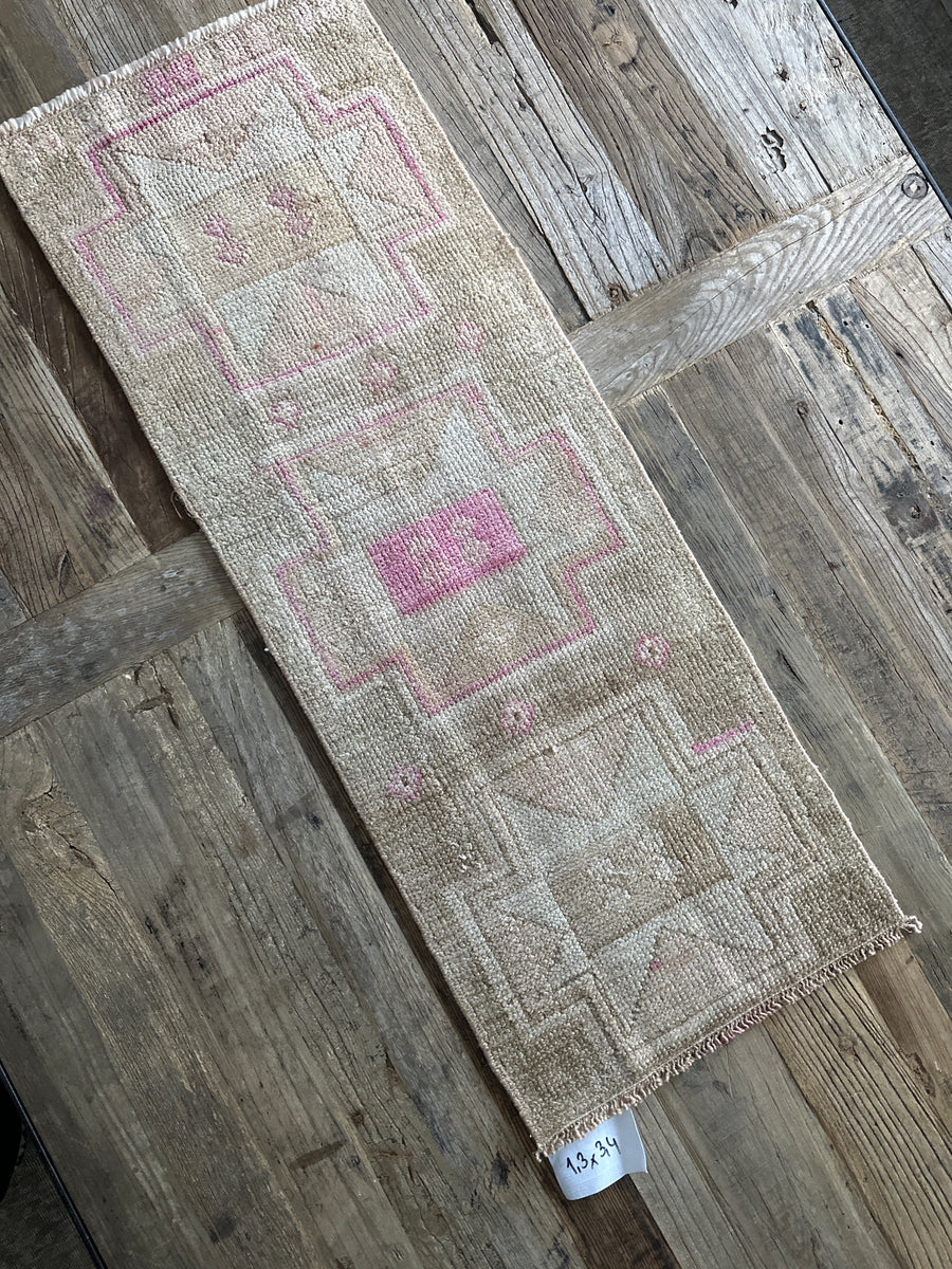 1’3 x 3’4 Antique Kars Rug Muted Camel Beige, Gray + Pink