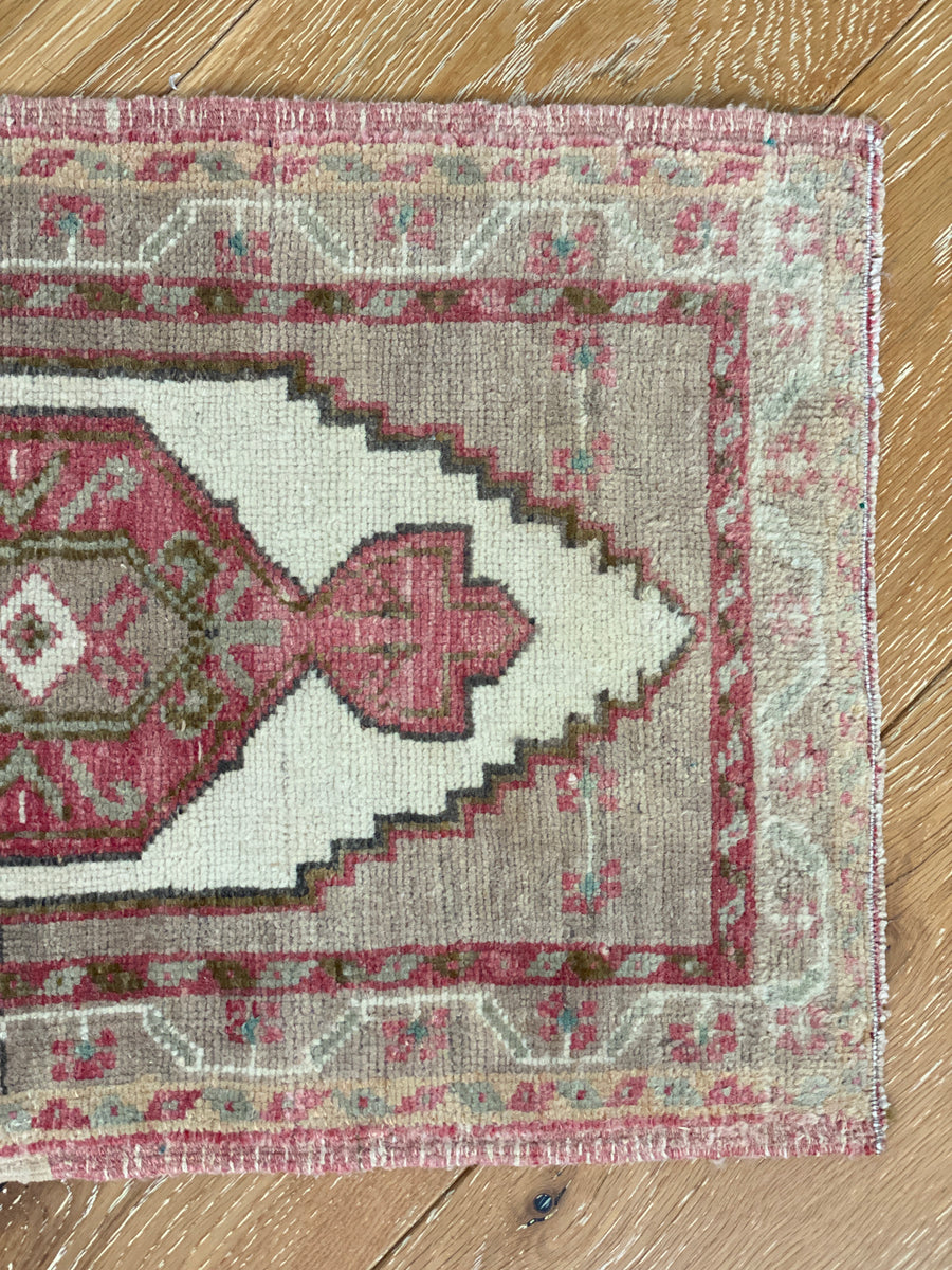 1’5  x 2’2 Antique Turkish Oushak Rug Muted Tan, Wine + Cream