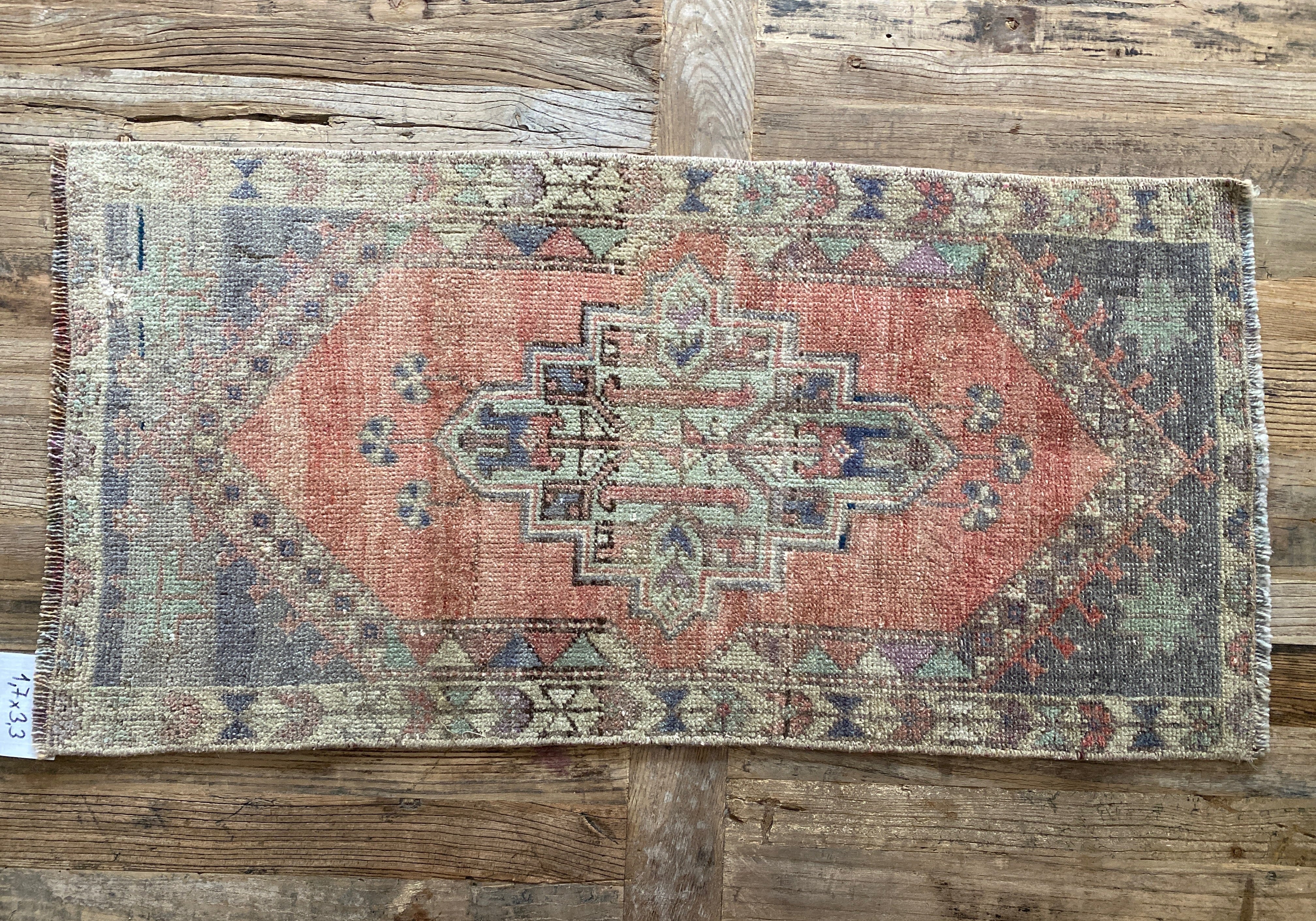1’7 x 3’3 Vintage Oushak Runner Muted Mint, Navy & Pale Red '5263 Linda's Barn