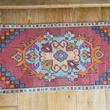 19” x 37” Vintage Oushak Rug Muted Red, Blue and Orange