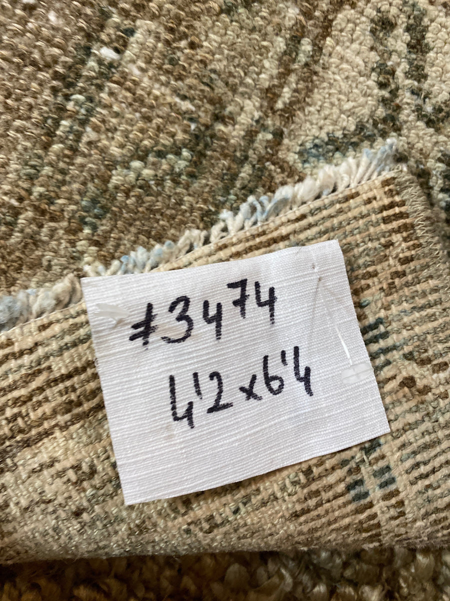 4’2 x 6’4 Vintage Hamadan Carpet Dark Beige,  Denim Blue + Brown SB