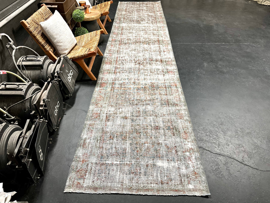 3’6 x 15’6 Antique Runner Muted Turquoise Blue, Copper + Gray