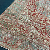 9’4 x 12’10 Classic Vintage Heriz Rug Muted Teal, Red & Gray