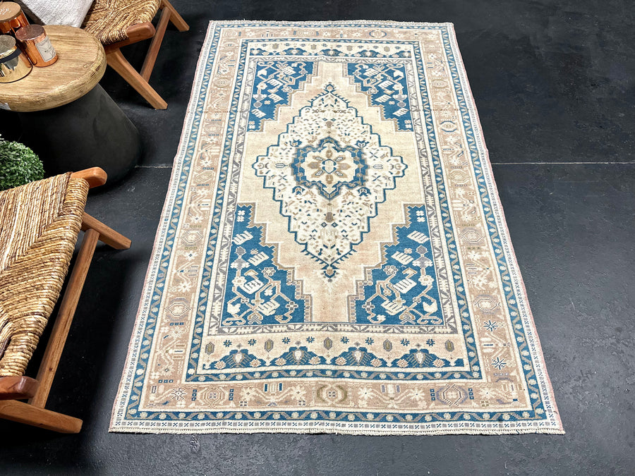 4’1 x 6’8 Vintage Turkish Taspinar Rug Blue, Cream & Beige
