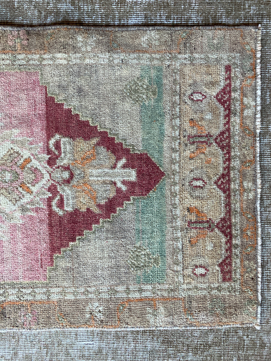 20” x 42” Vintage Turkish Oushak Mat Rug Muted Red, Taupe, Green & Brown SB