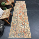 2’6 x 9’9 Vintage Runner Fragment Muted Blue, Beige & Burnt Orange '5123