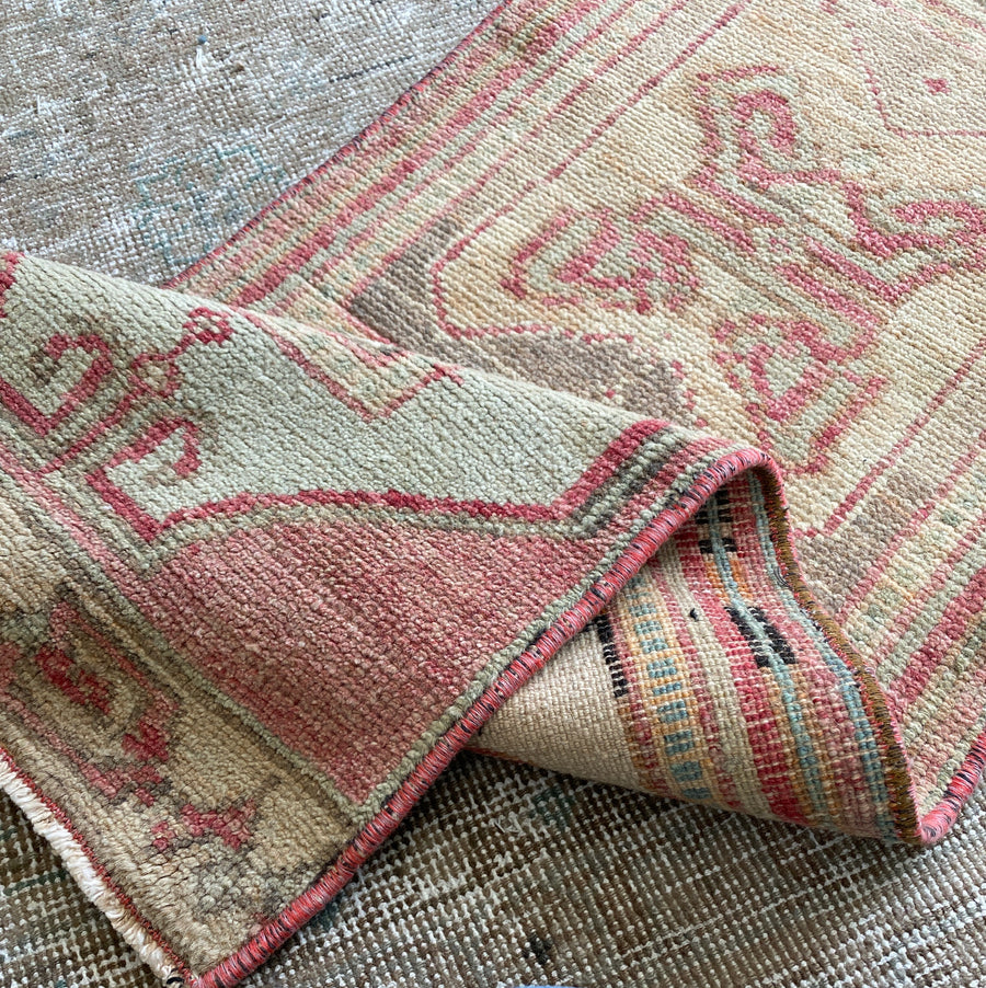 1’3 x 4’1 Vintage Oushak Mat Runner Very Muted Rose Pink, Peach & Mint SB