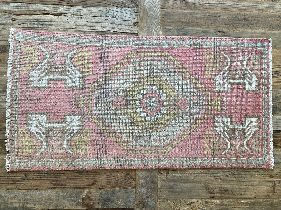 1’7 x 3’1 Vintage Oushak Runner Muted Wine, Taupe & Gray
