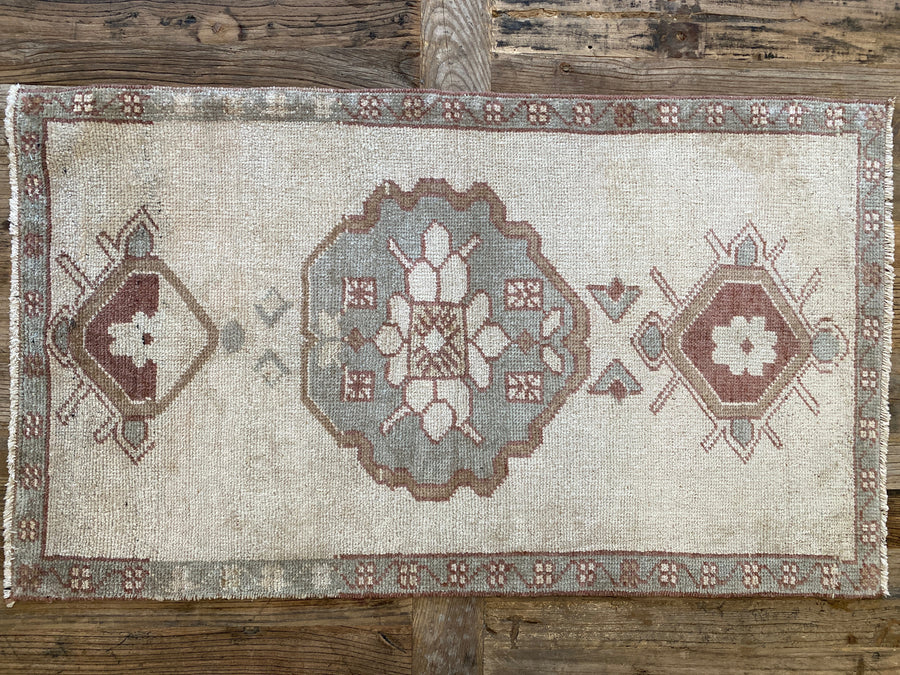 1’10 x 3’2 Vintage Taspinar Rug Muted Green, Gray & Wine