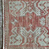 17” x 36” Antique Turkish Oushak Mat Rug Muted Warm Red, Beige + Sage