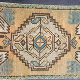 19” x 37” Vintage Turkish Mat Rug Muted Copper, Mint, Teal and Gray SB
