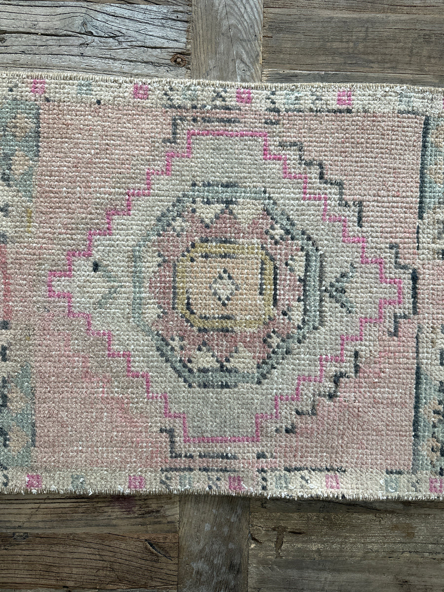 1’6 x 3’2 Vintage Turkish Oushak Rug Muted Pink, Gray & Charcoal