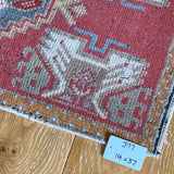 19” x 37” Vintage Oushak Rug Muted Red, Light Blue & Gray