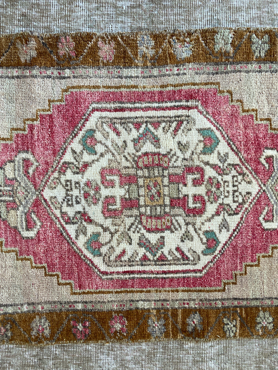 22” x 41” Vintage Turkish Oushak Mat Rug Muted Red, Camel and Beige