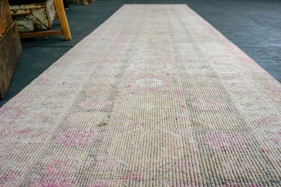 3 x 11  Turkish Oushak Runner Pink and Beige and Gray
