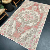 4’7 x 7’6 Vintage Turkish Oushak Carpet Muted Red, Clay & Gray