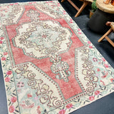 4’3 x 7’5 Vintage Turkish Oushak Carpet Muted Red, Bone & Blue '4395