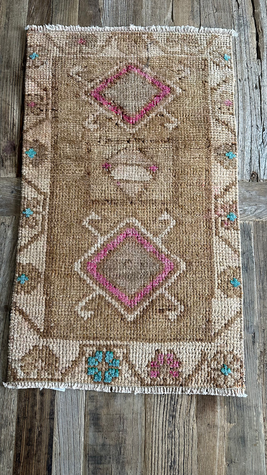 1’5 x 2’5 Antique Turkish Kars Rug Muted Camel Beige, Turquoise Blue & Raspberry