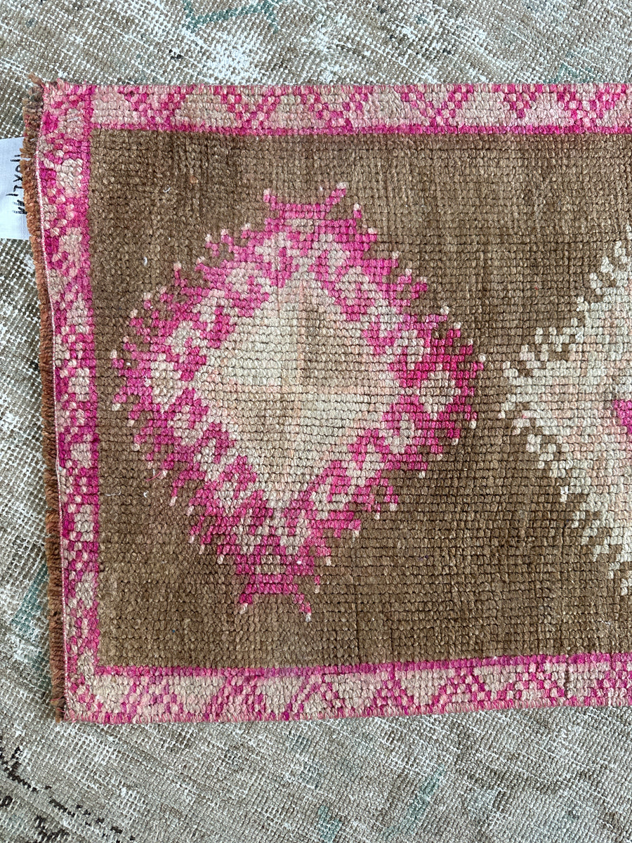 1’6 x 2’11 Antique Kars Rug Muted Camel Brown, Taupe & Pink