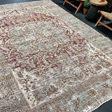 8’2 x 11’2 Classic Vintage Heriz Rug Muted Sea Blue, Red & Clay