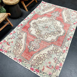 4’3 x 7’5 Vintage Turkish Oushak Carpet Muted Red, Bone & Blue '4395